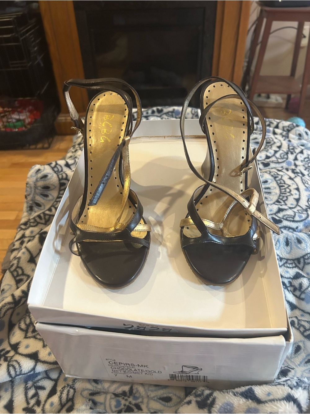 BCBG Paris chocolate Brian & gold Strappy Mid-Heel Sandals
